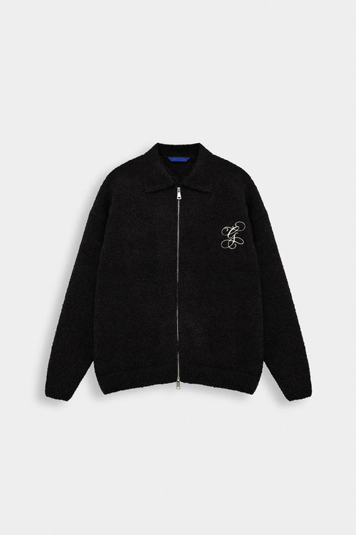 ZIP-UP EMBROIDERED BLACK KNIT CARDIGAN - 1
