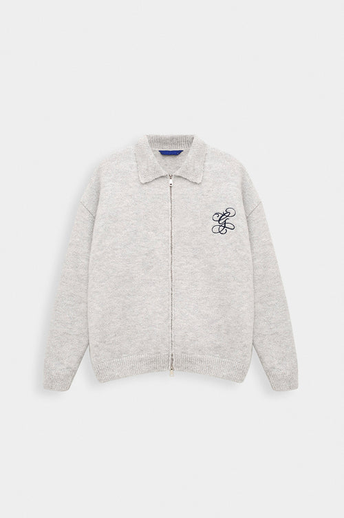 ZIP-UP EMBROIDERED GREY KNIT CARDIGAN - 1