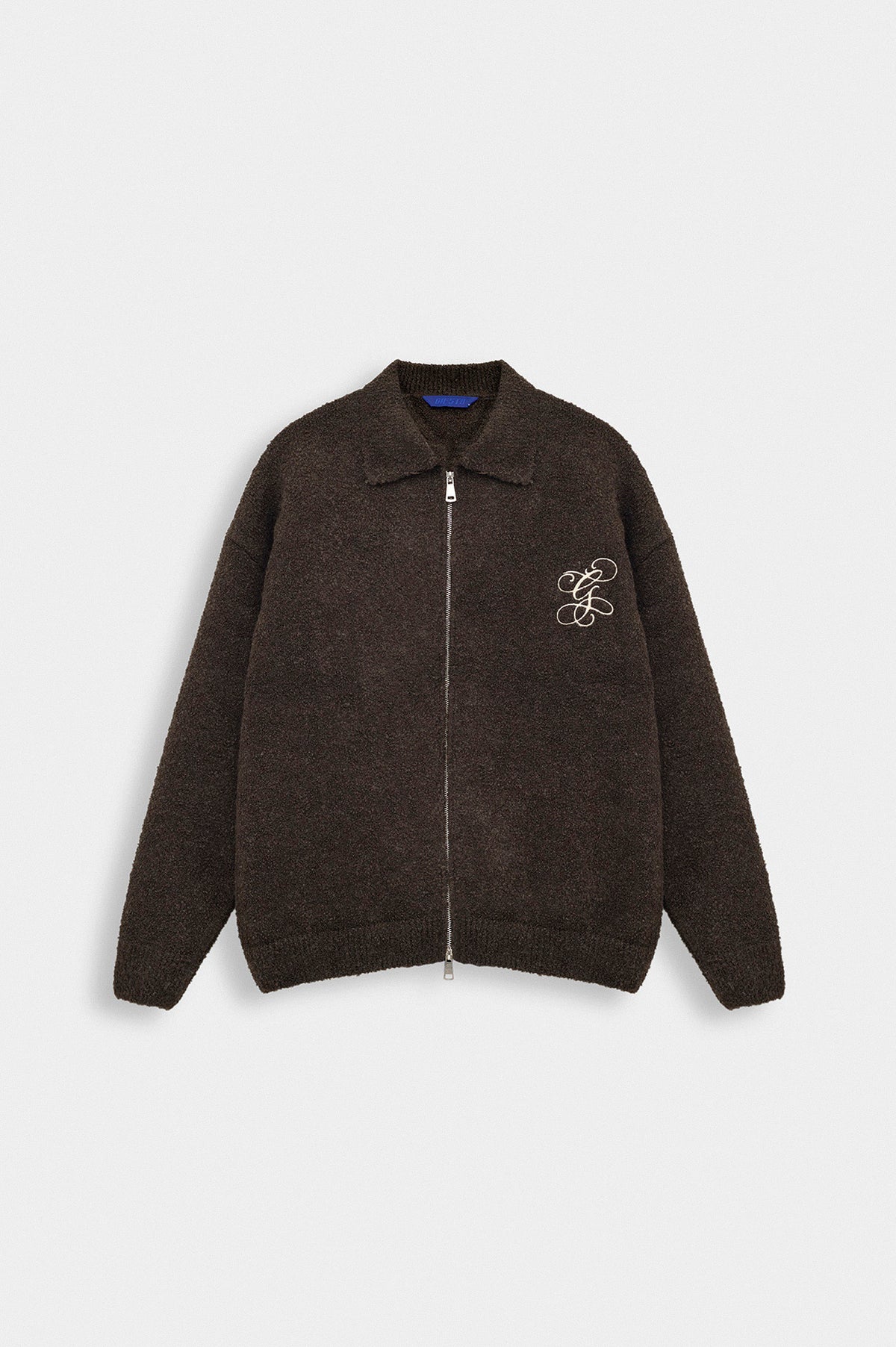 ZIP-UP EMBROIDERED BROWN KNIT CARDIGAN - 1