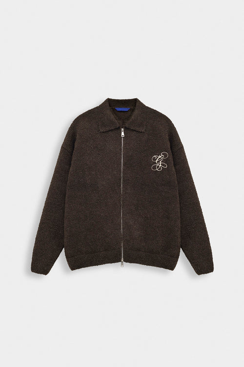 ZIP-UP EMBROIDERED BROWN KNIT CARDIGAN - 1