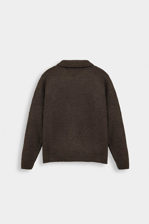 ZIP-UP EMBROIDERED BROWN KNIT CARDIGAN - 4