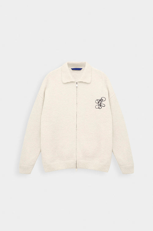 ZIP-UP EMBROIDERED ECRU KNIT CARDIGAN - 5