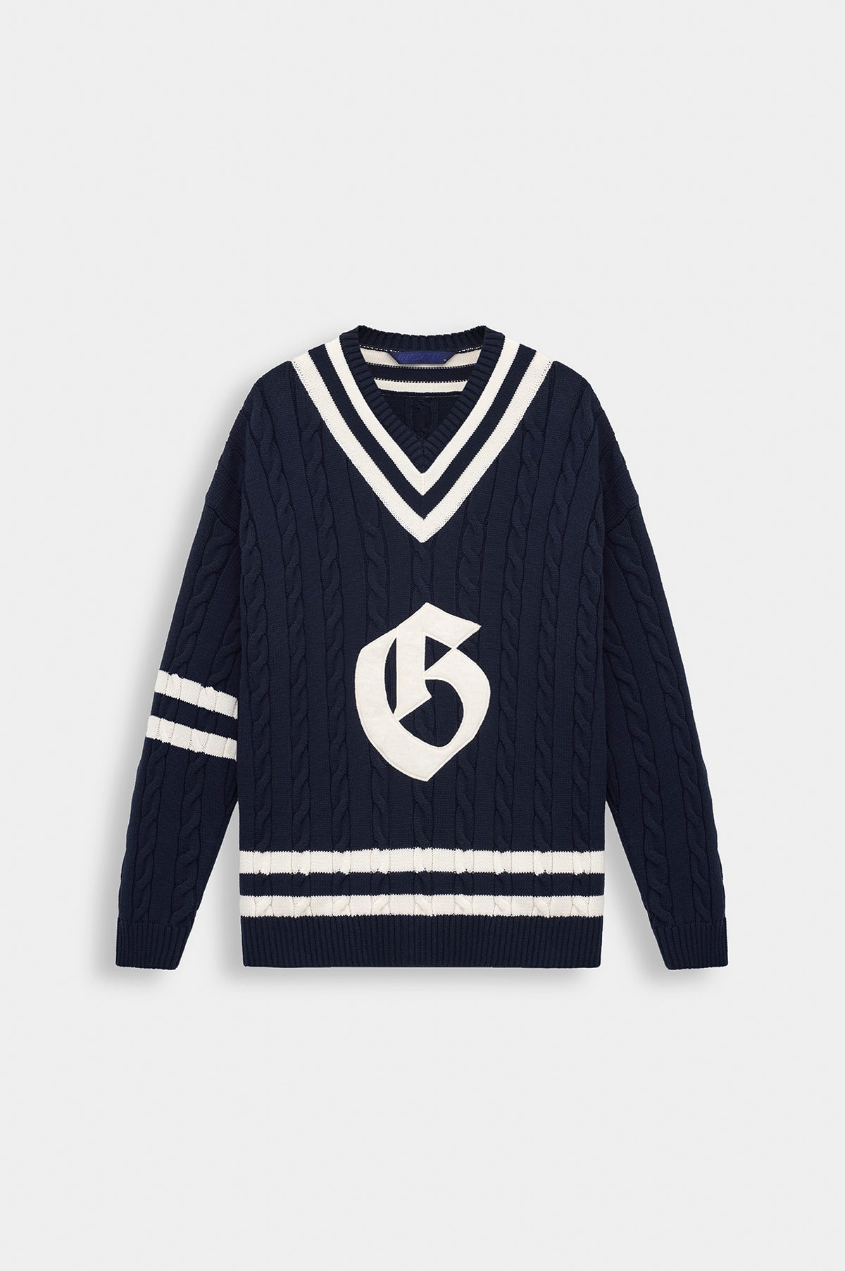 V NECK ARMA DETAIL NAVY KNIT SWEATER - 1