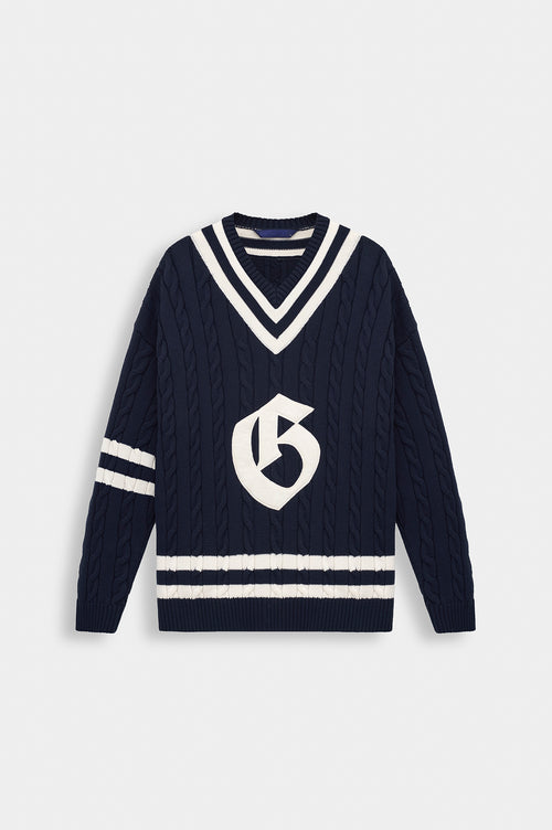 V NECK ARMA DETAIL NAVY KNIT SWEATER - 1