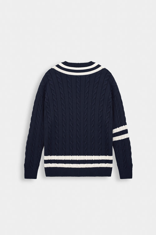 V NECK ARMA DETAIL NAVY KNIT SWEATER - 4
