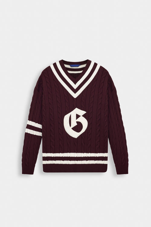 V NECK ARMA DETAIL BURGUNDY KNIT SWEATER - 1