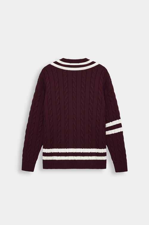 V NECK ARMA DETAIL BURGUNDY KNIT SWEATER - 4