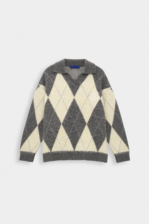 POLO NECK CONTRAST COLOUR DETAIL EMBROIDERED GREY KNIT SWEATER - 1