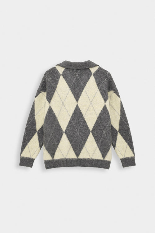 POLO NECK CONTRAST COLOUR DETAIL EMBROIDERED GREY KNIT SWEATER - 4