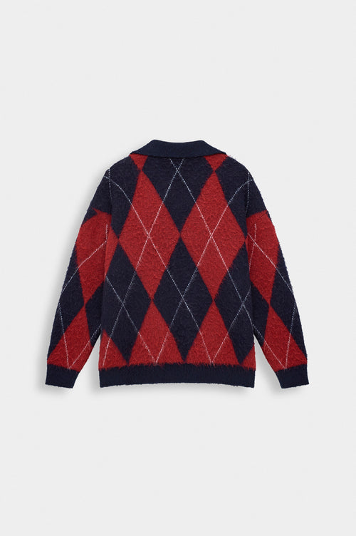 POLO NECK CONTRAST COLOUR DETAIL EMBROIDERED NAVY KNIT SWEATER - 7