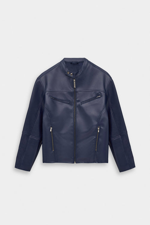 ZIP-UP PANELLED NAVY LEATHER JACKET - 1