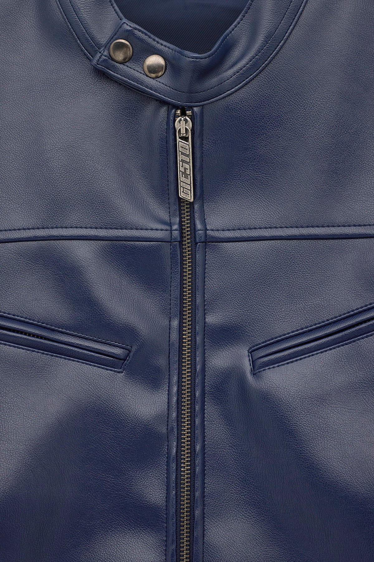 ZIP-UP PANELLED NAVY LEATHER JACKET - 2
