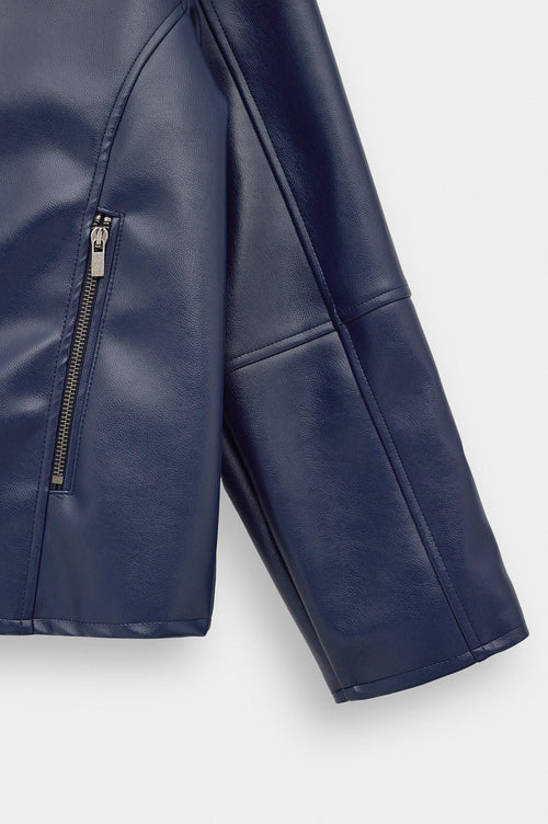 ZIP-UP PANELLED NAVY LEATHER JACKET - 3