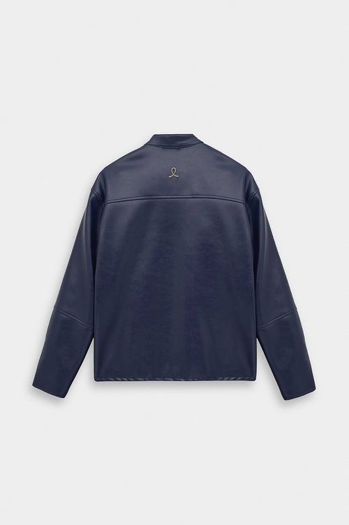 ZIP-UP PANELLED NAVY LEATHER JACKET - 4