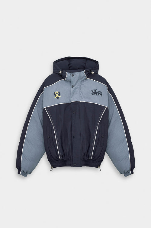 HOODED PRINTED NAVY PUFFER JACKET - 1