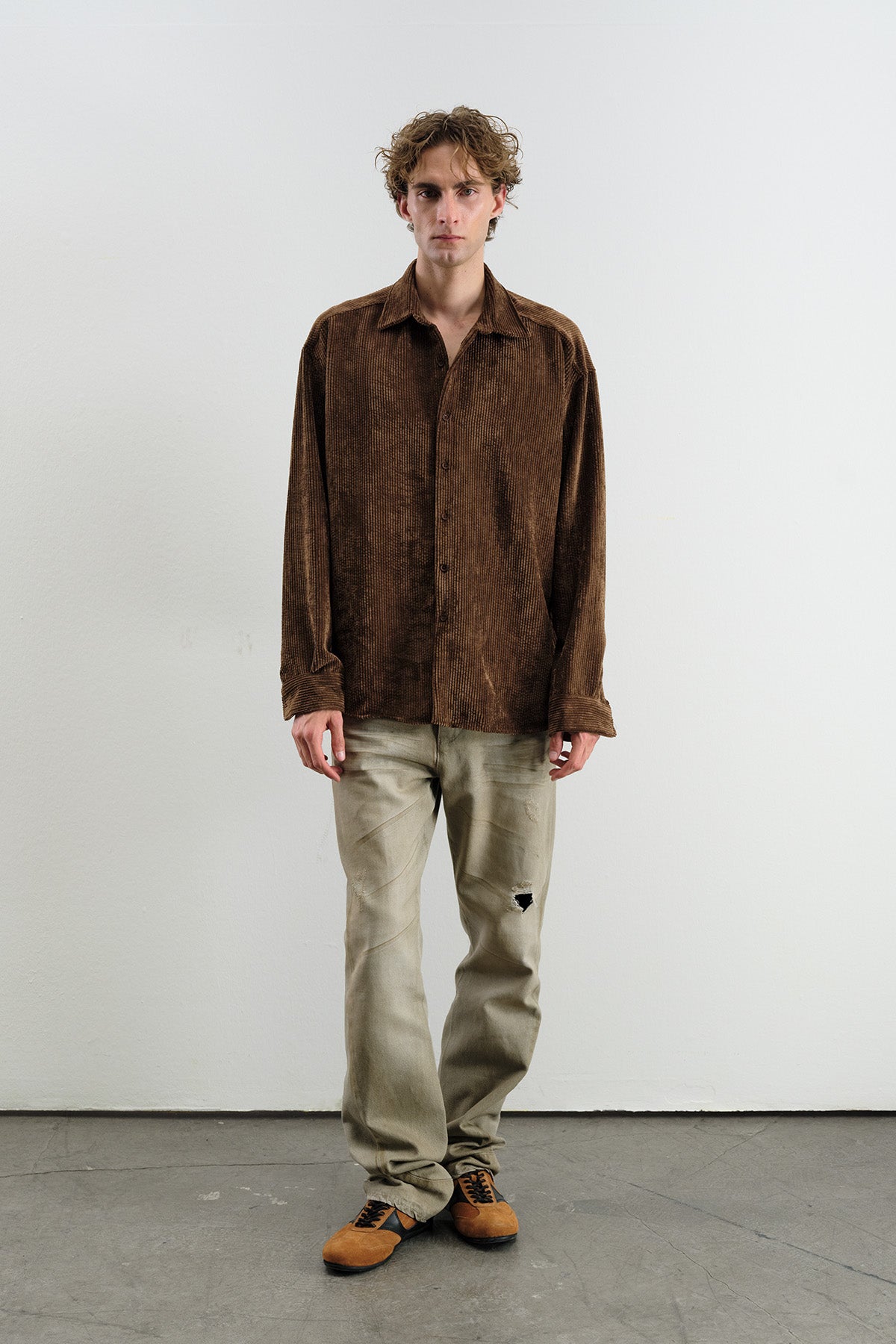 OVERSIZE DRAPED VELVET BROWN SHIRT
