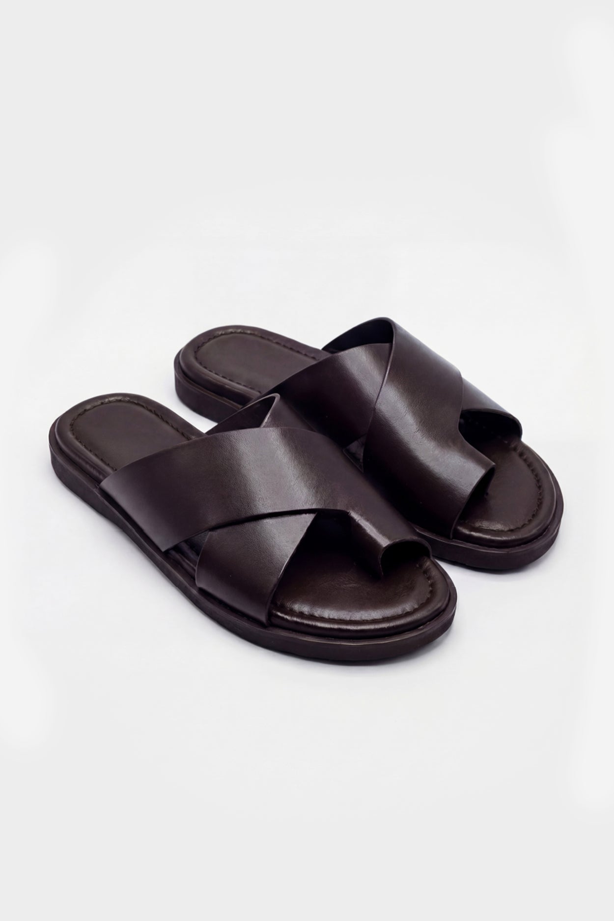 CROSS-STRAP LEATHER BROWN SLIPPERS