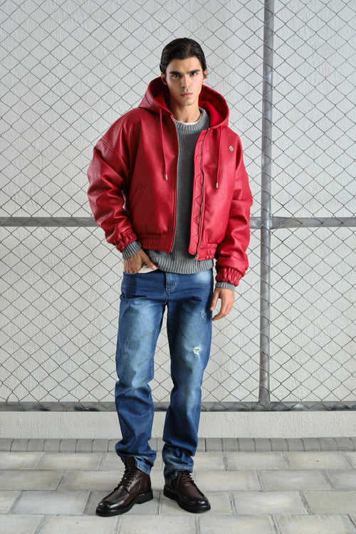 RED LEATHER HOODED JACKET - 2