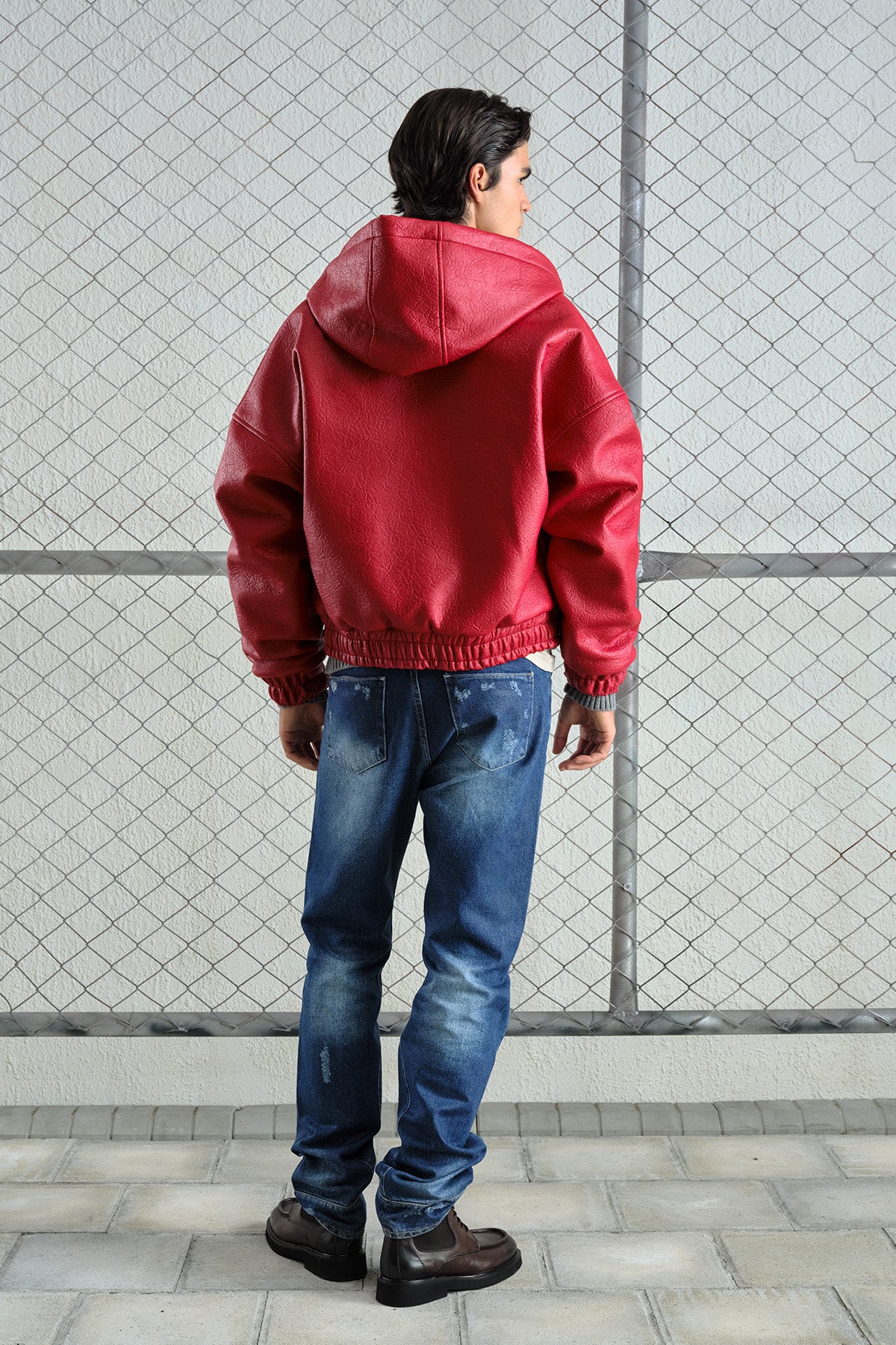 RED LEATHER HOODED JACKET - 5