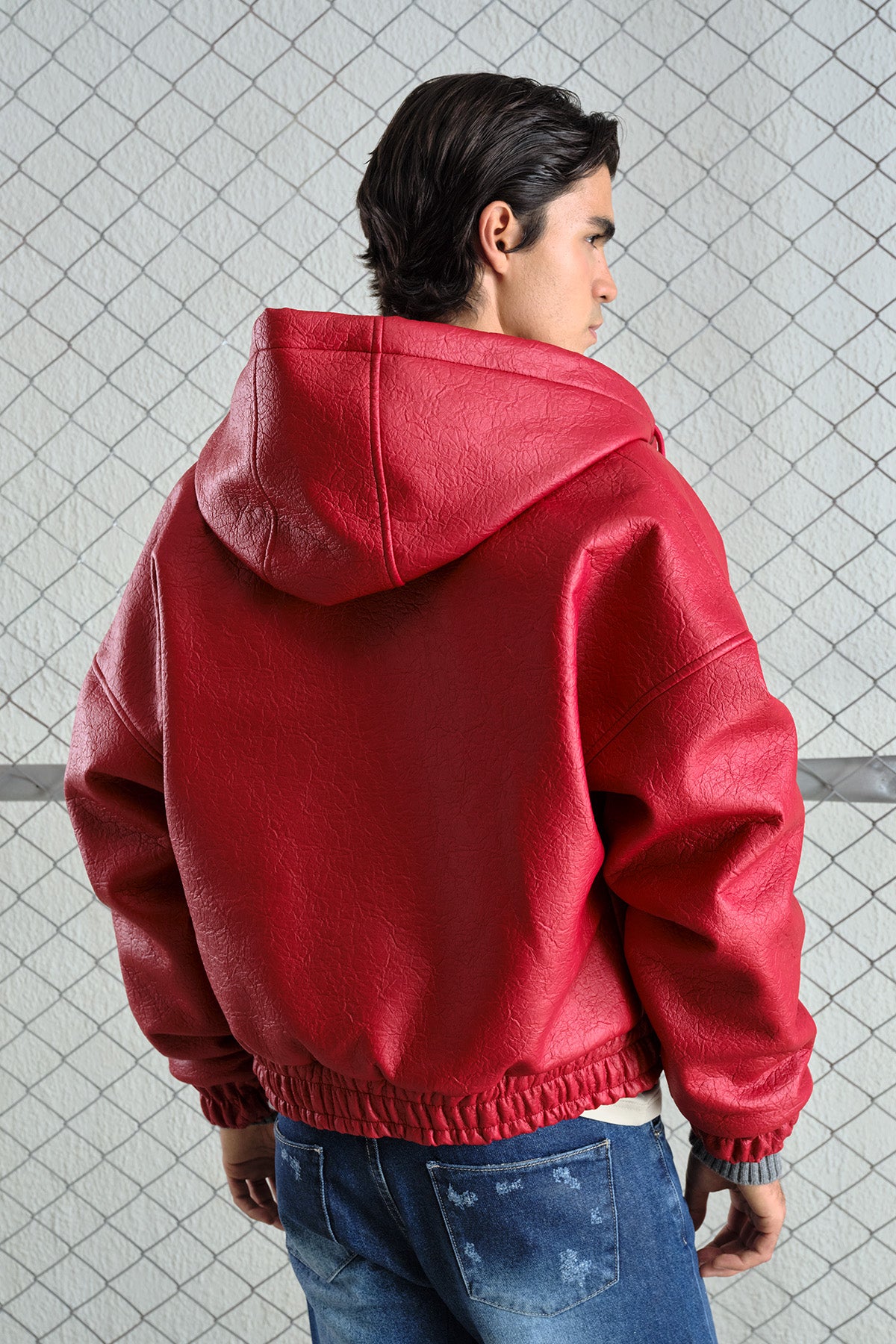RED LEATHER HOODED JACKET - 6