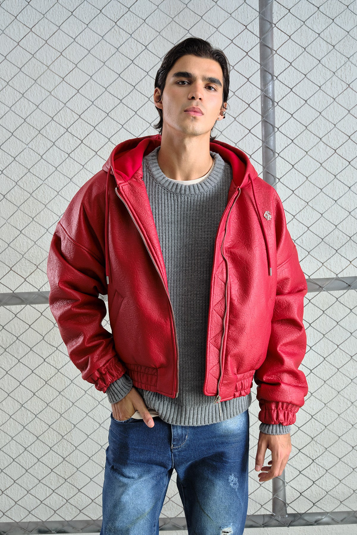 RED LEATHER HOODED JACKET - 3