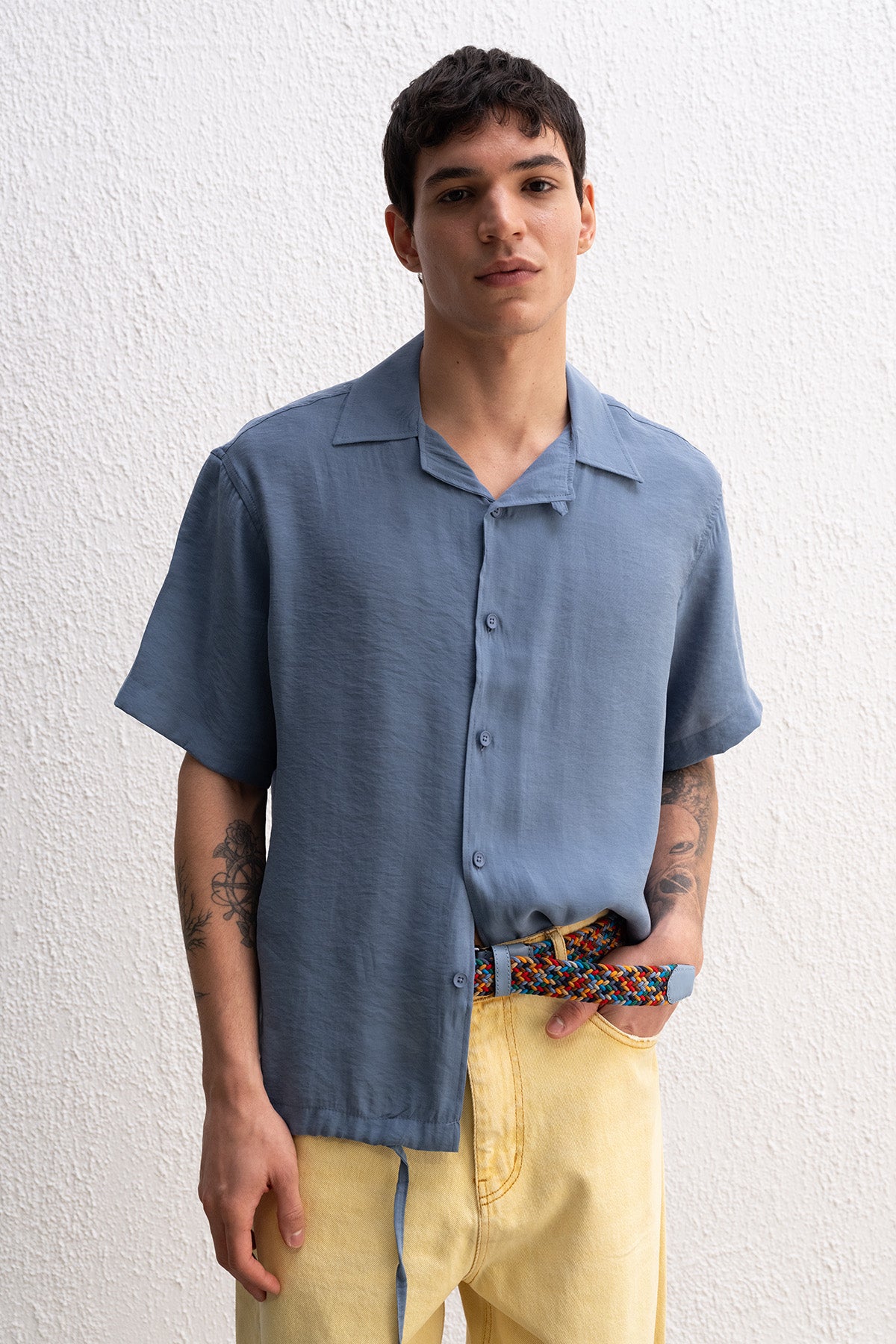 DRAPED LACED INDIGO SHIRT