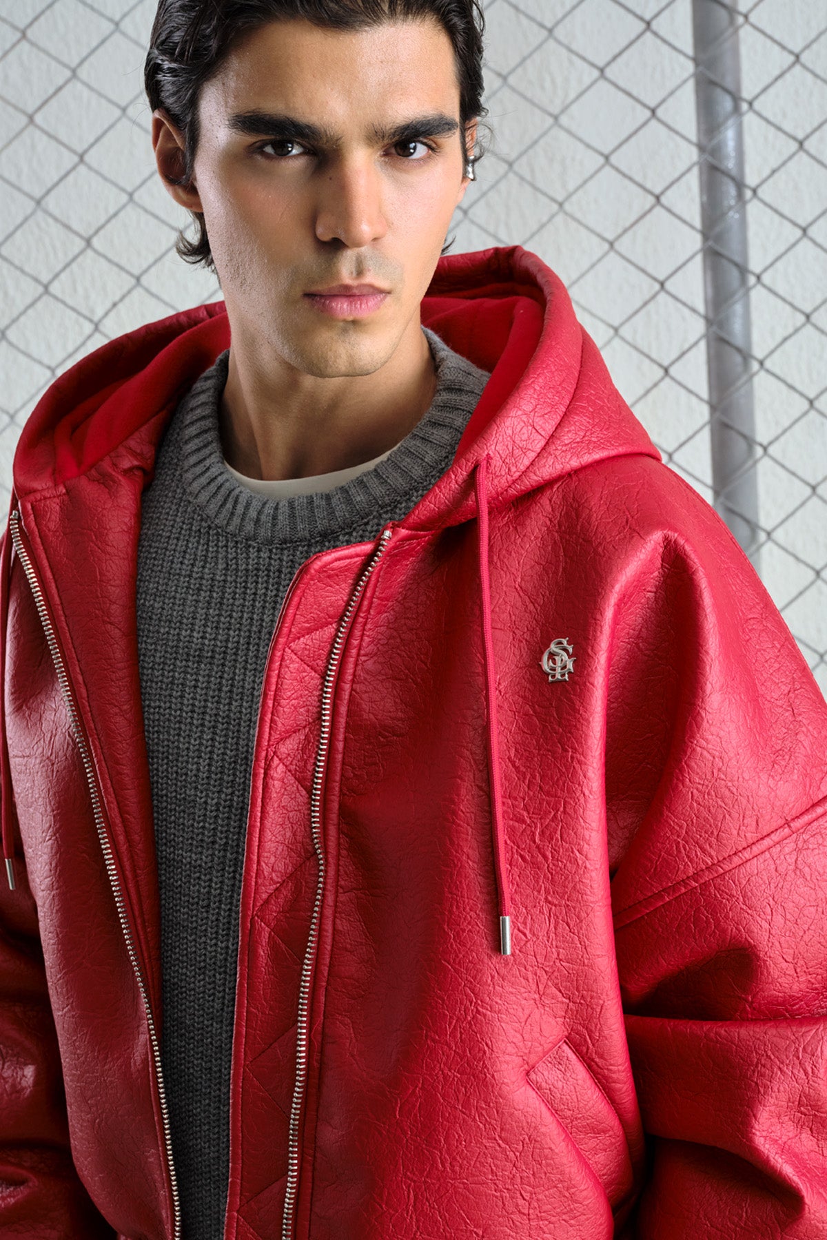 RED LEATHER HOODED JACKET - 1