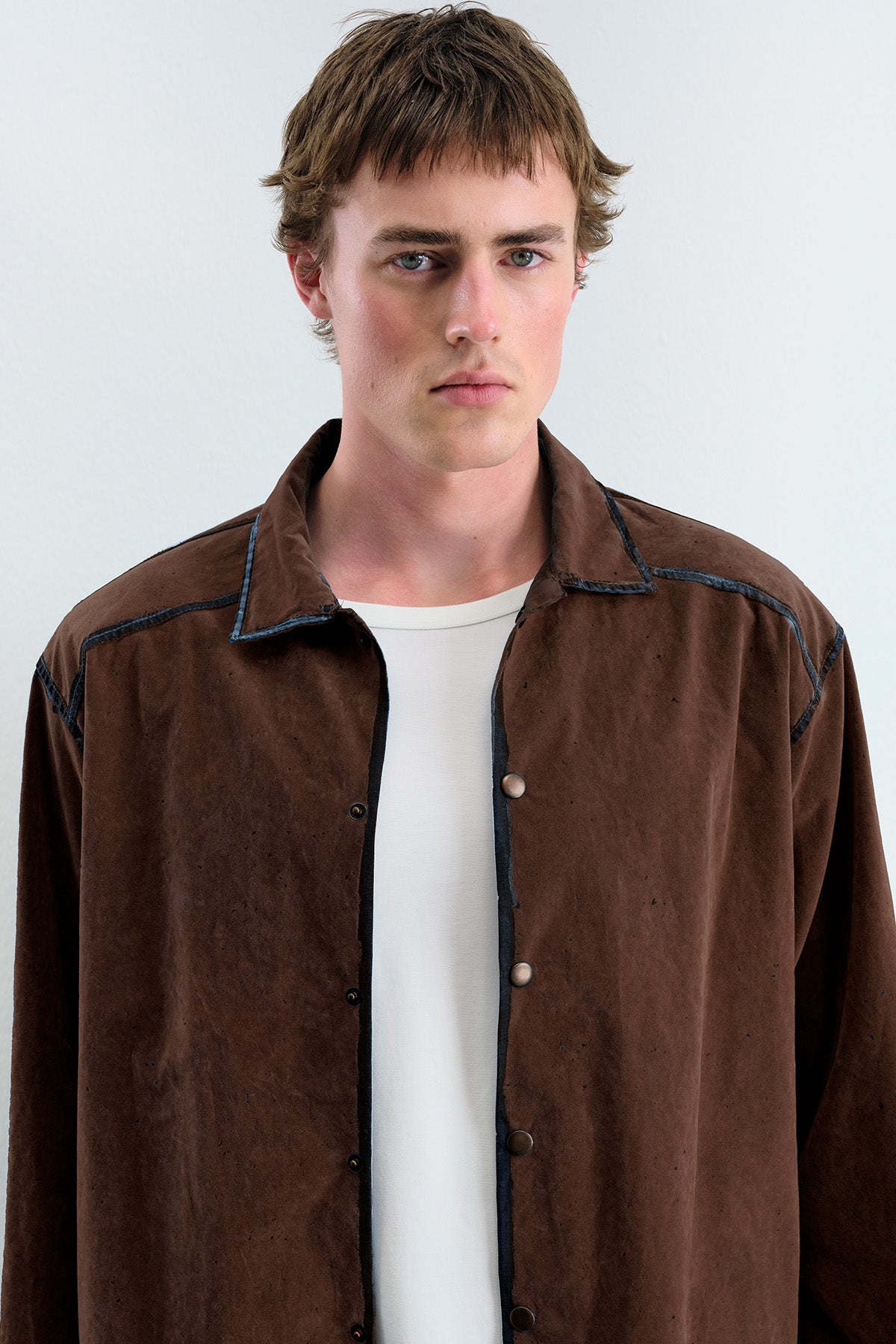 VELVET-COATED EFFECT DENIM BROWN SHIRT
