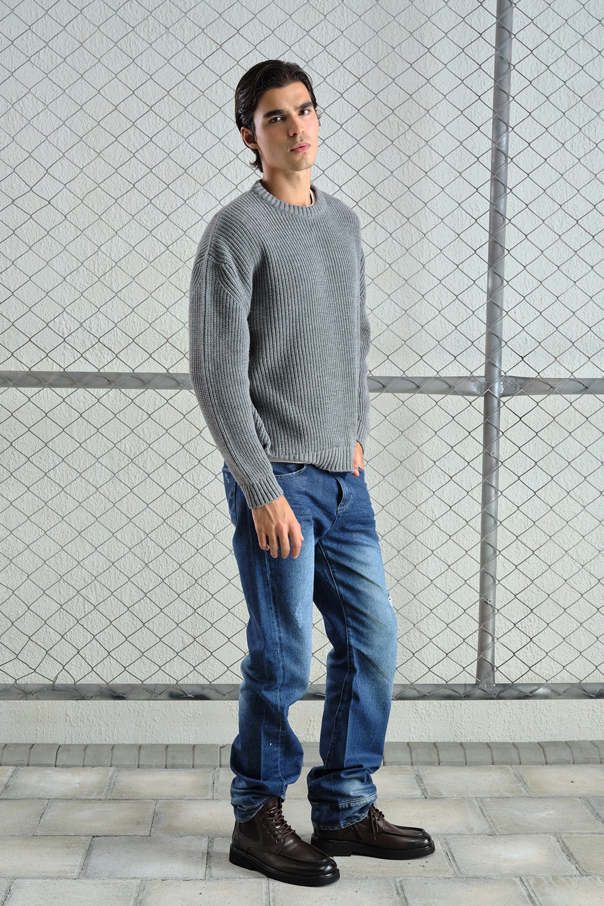 OVERSIZED TEXTURED CORDUROY GREY TRIO SWEATER