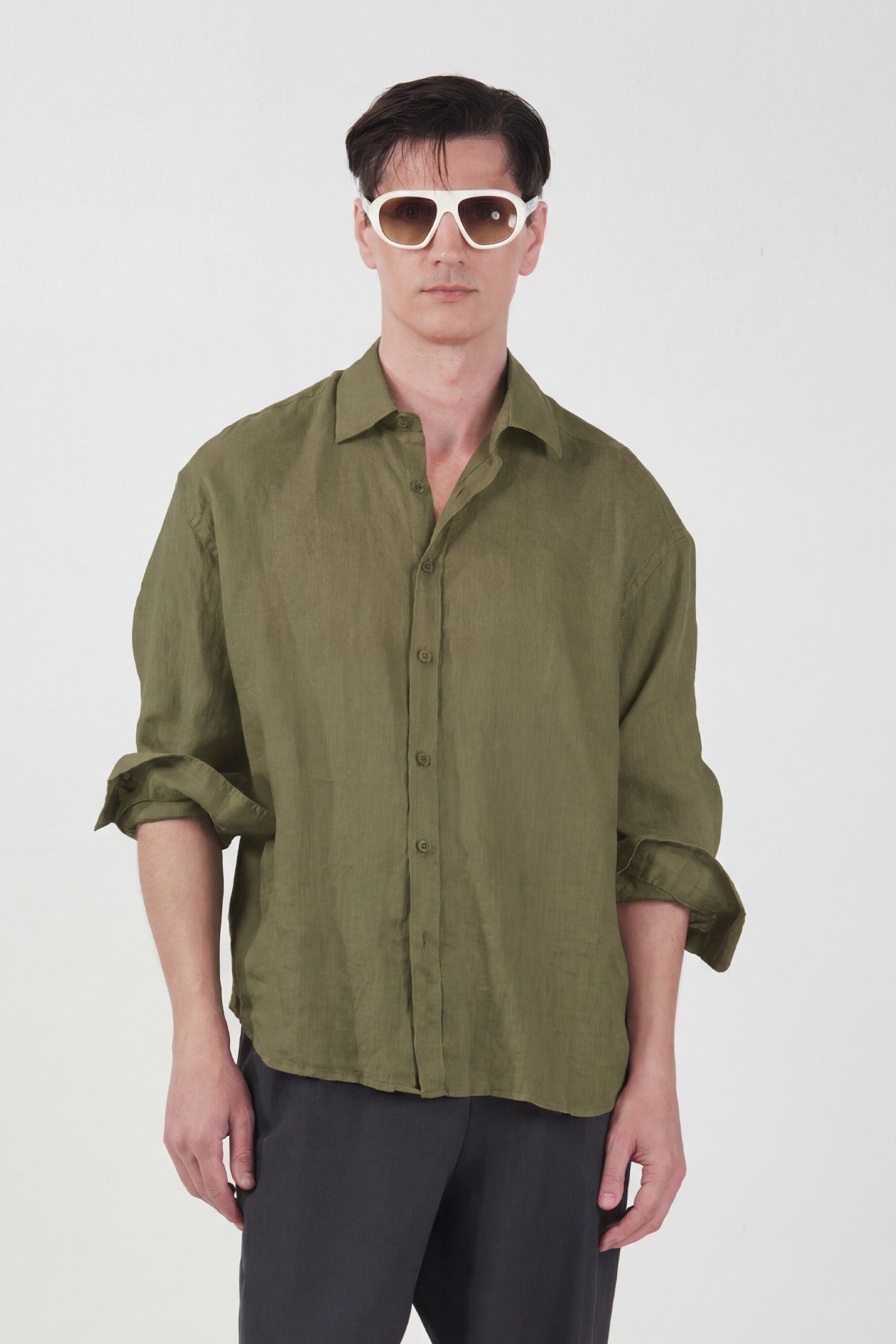 %100 KETEN OVERSIZE HAKİ GÖMLEK