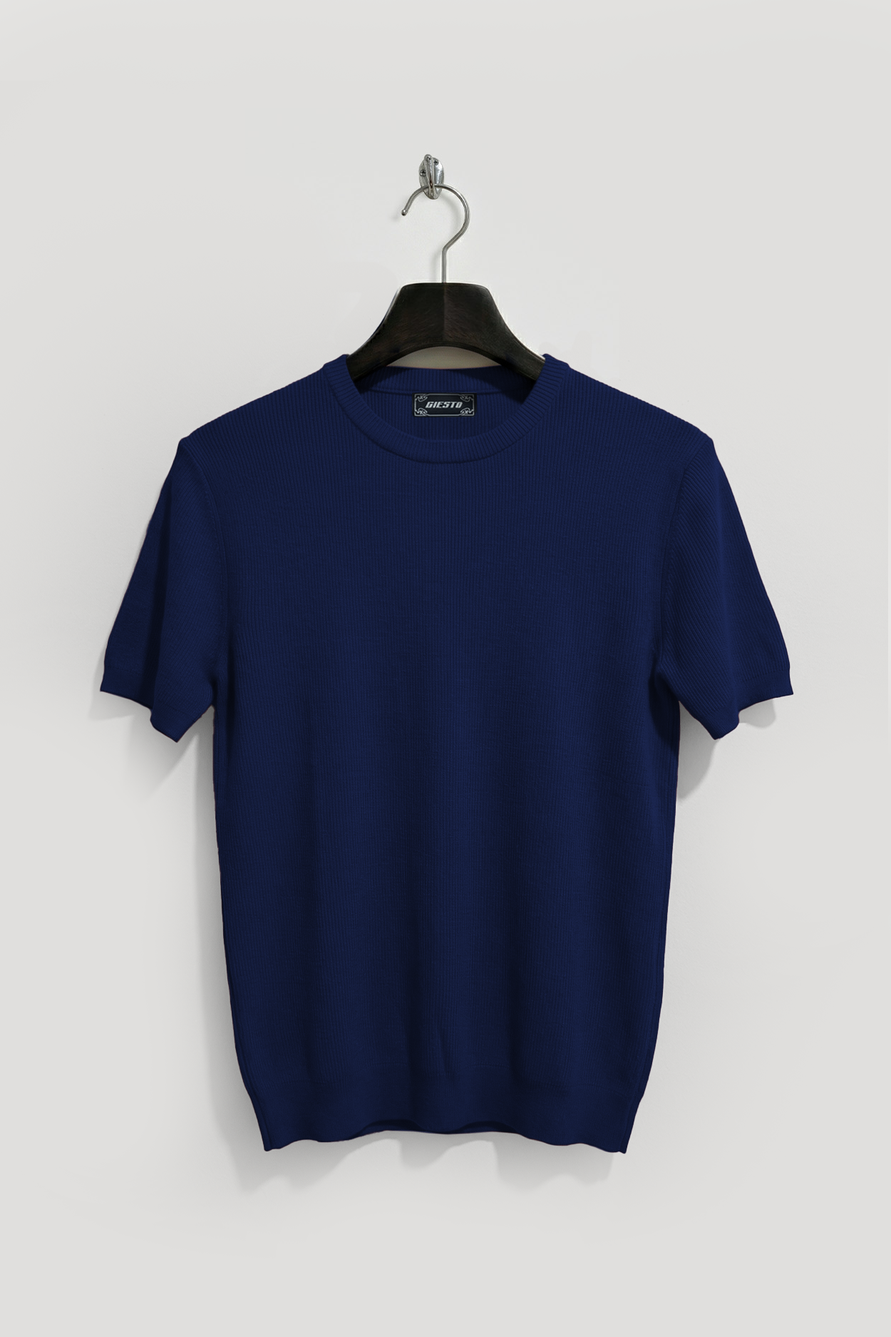 NAVY BLUE RIBBED KNITTED T-SHIRT