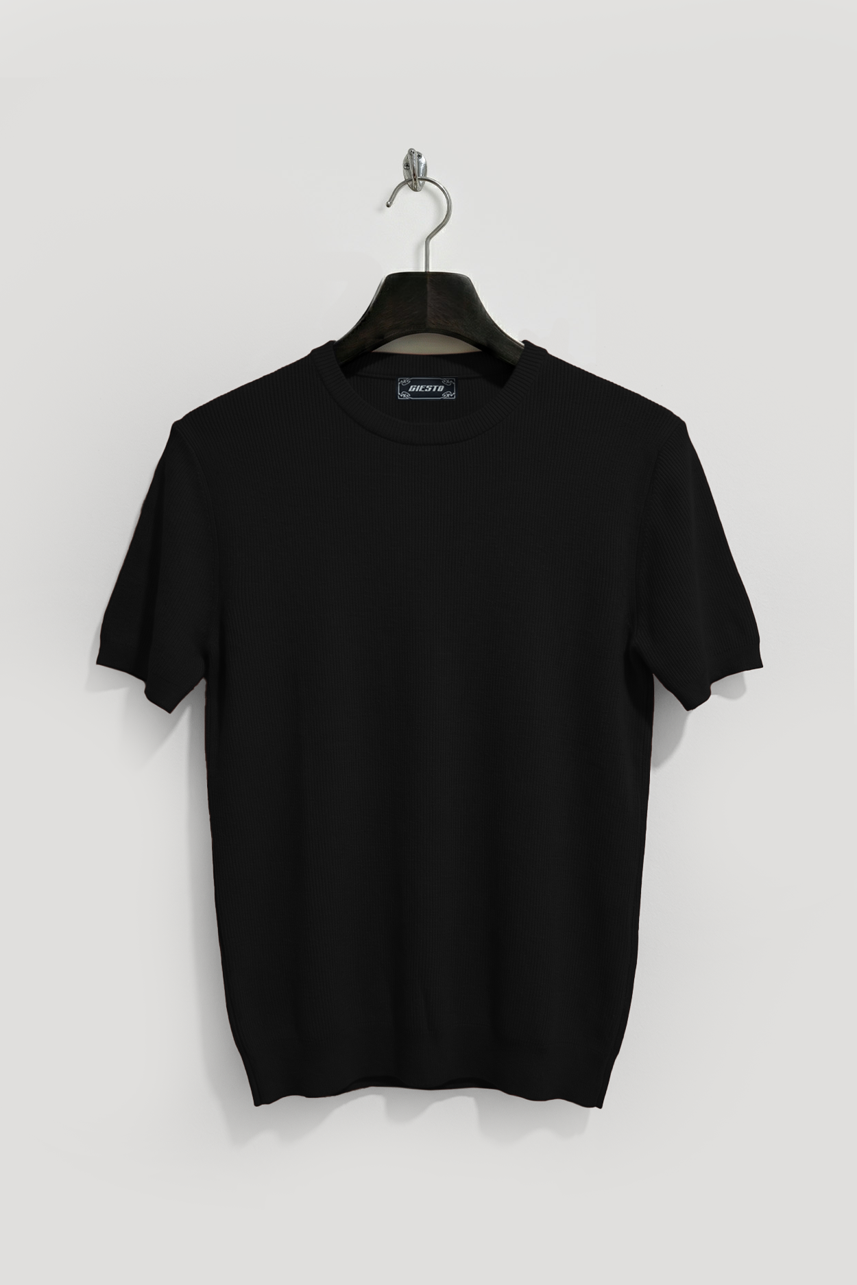 BLACK RIBBED KNIT T-SHIRT