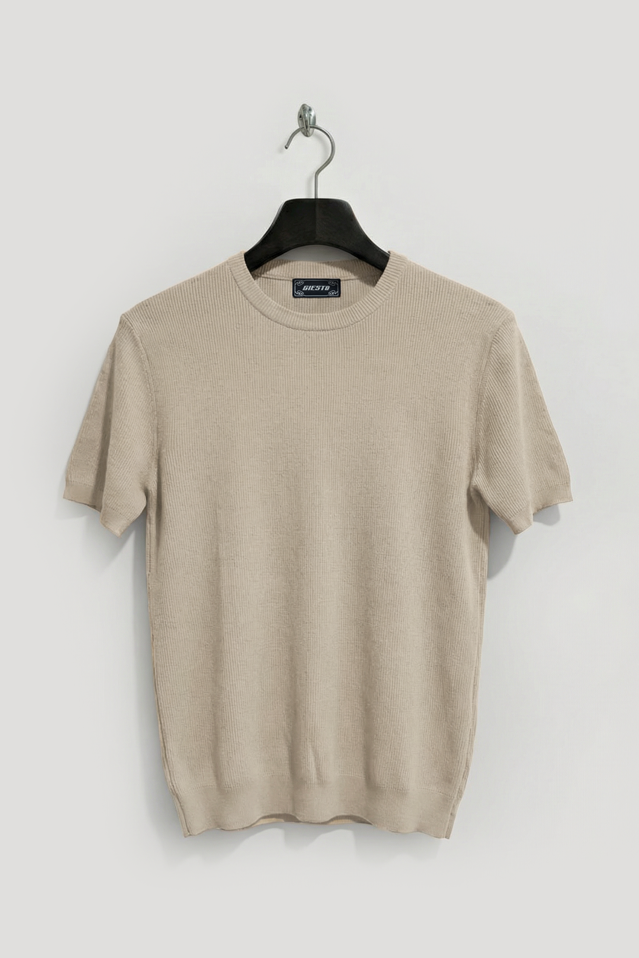RIBBED TEXTURED BEIGE KNITTED T-SHIRT