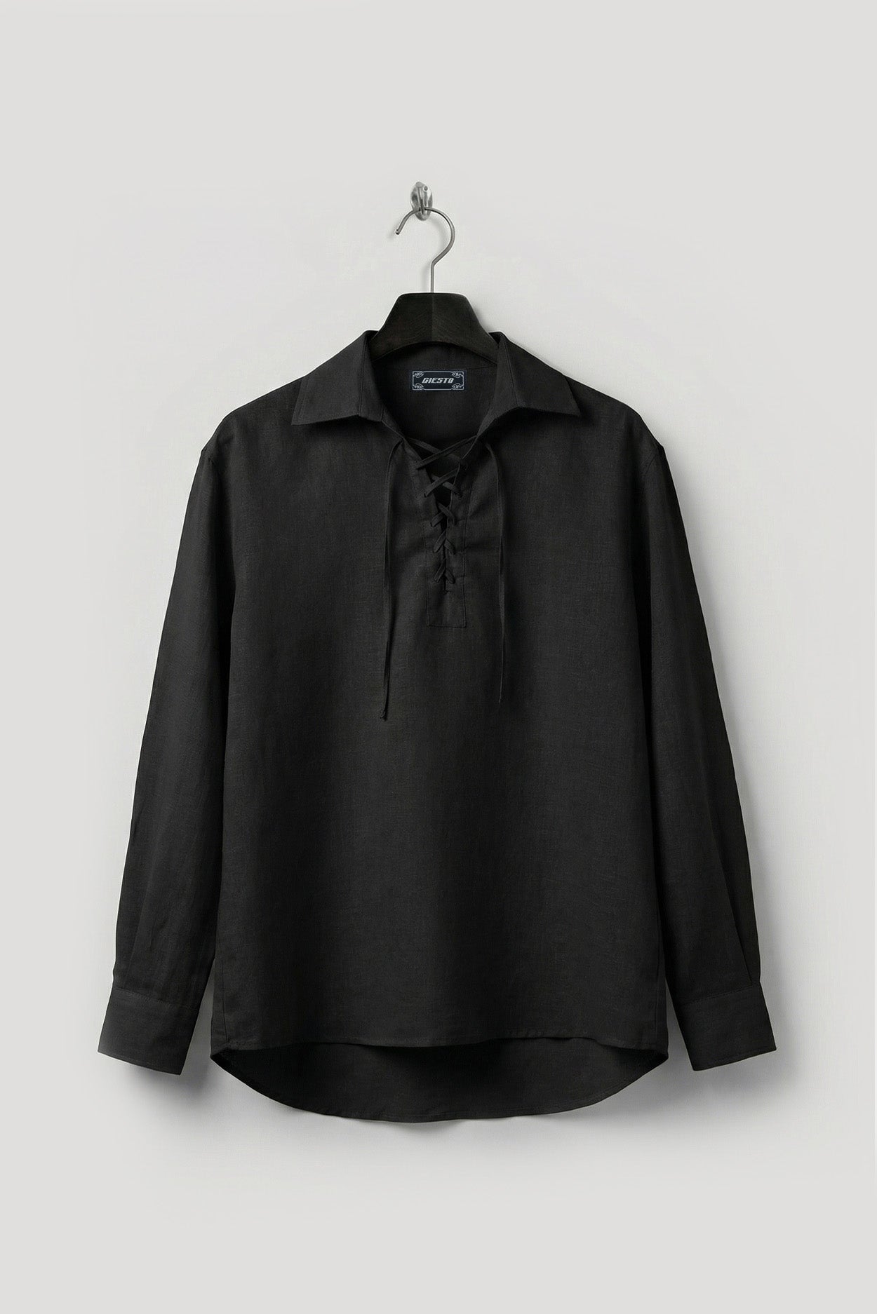 YAKASI İPLE DÖKÜMLÜ SİYAH VUAL GÖMLEK