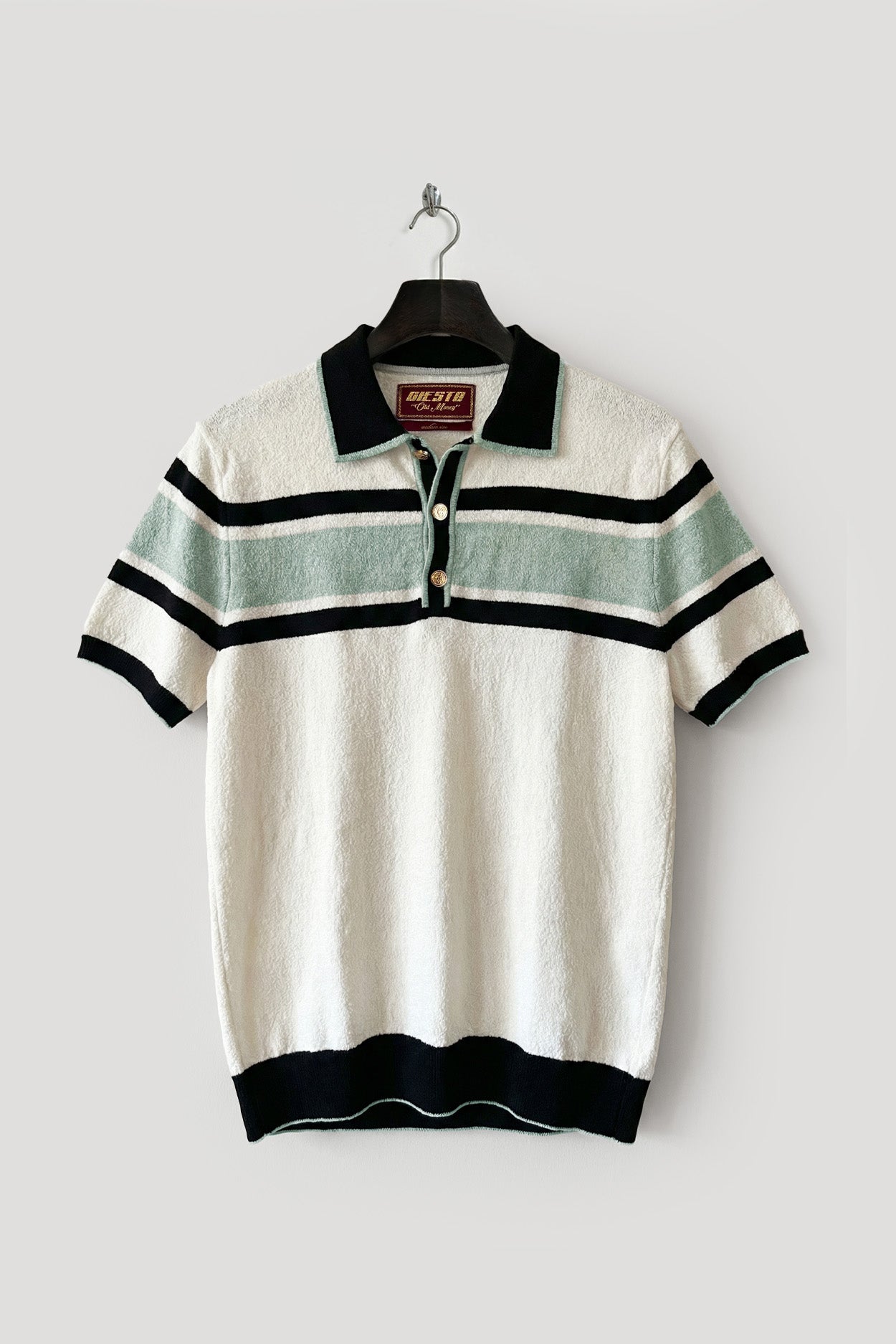 GREEN STRIPED POLO NECK KNITTED T-SHIRT WITH GOLD BUTTONS