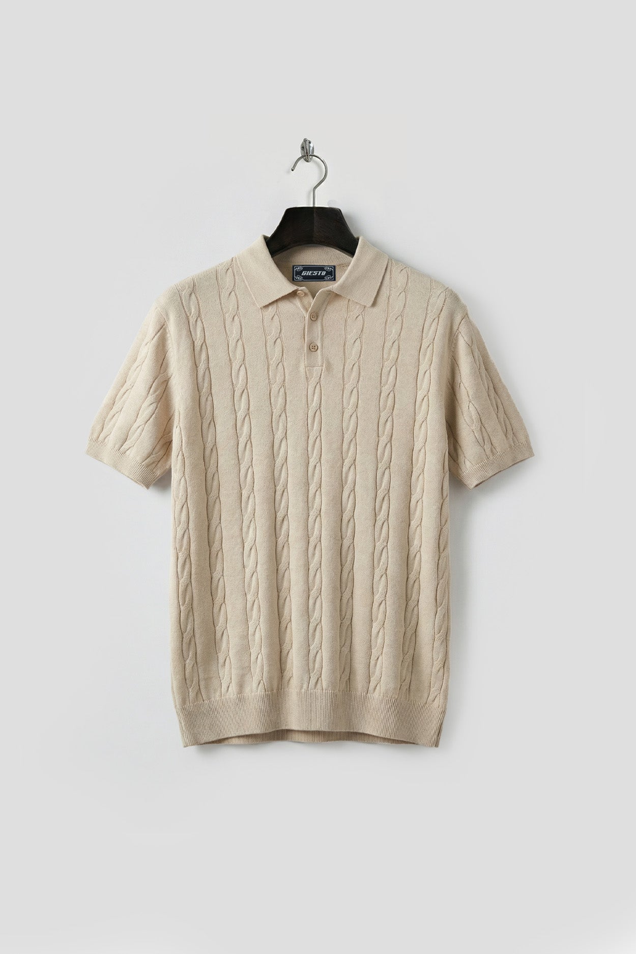 DOKULU ÖRGÜ DESENLİ BEJ POLO YAKA TRİKO T-SHIRT