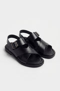 BLACK LEATHER SANDALS WITH CROSSOVER BUCKLE STRAP