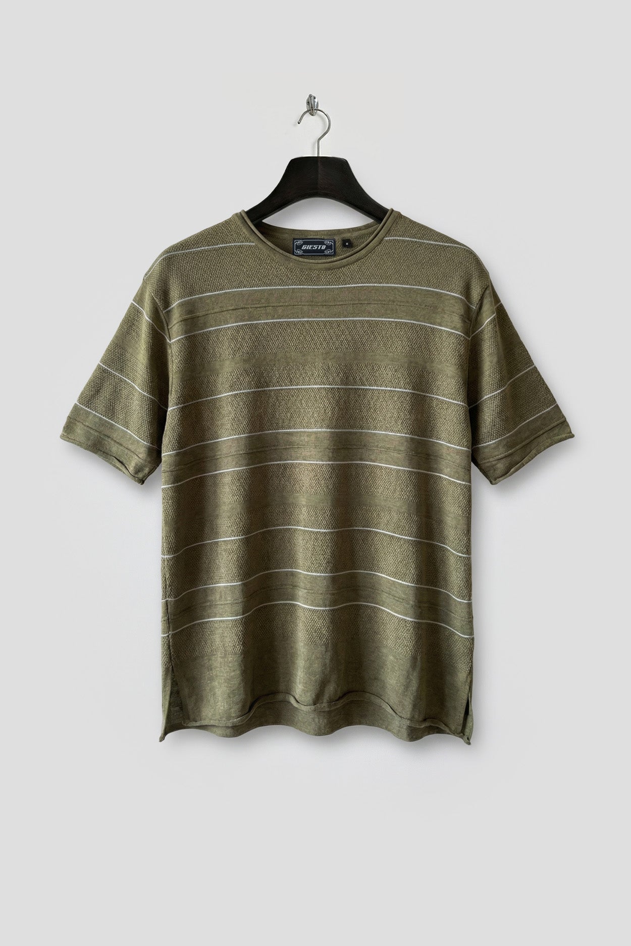 ÇİZGİLİ DÖKÜMLÜ HAKİ KETEN TRİKO T-SHIRT