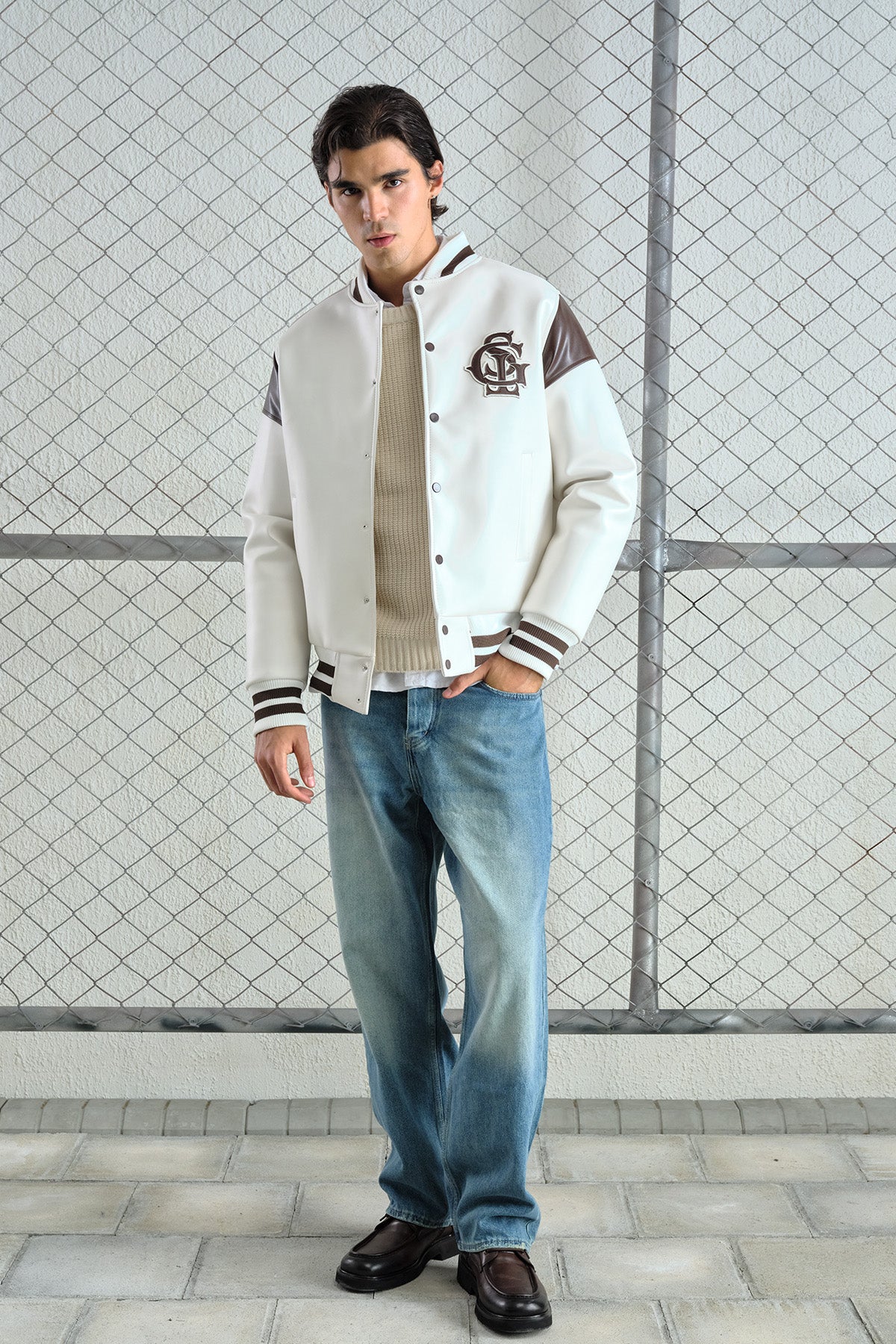WHITE LEATHER VARSITY JACKET