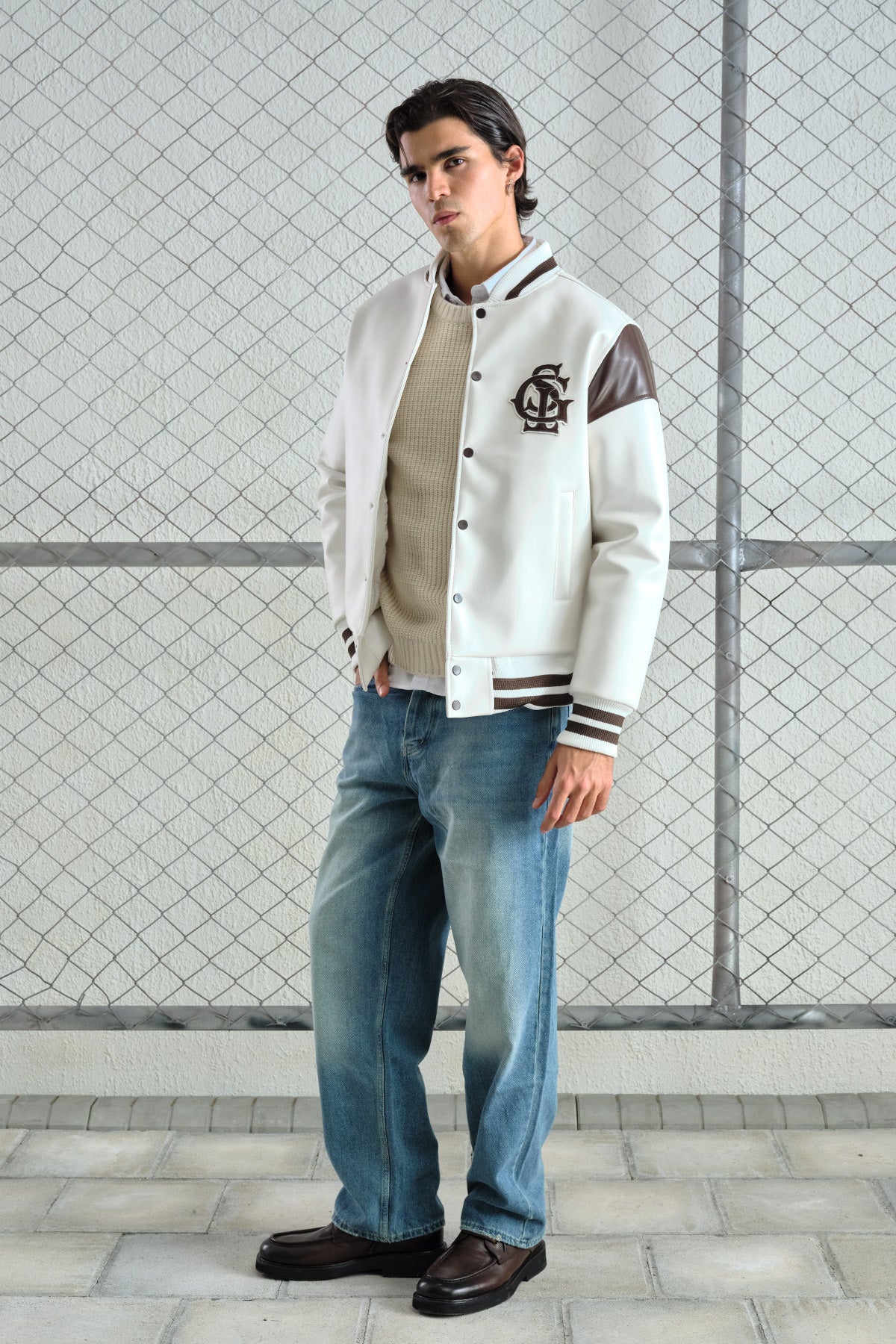 WHITE LEATHER VARSITY JACKET