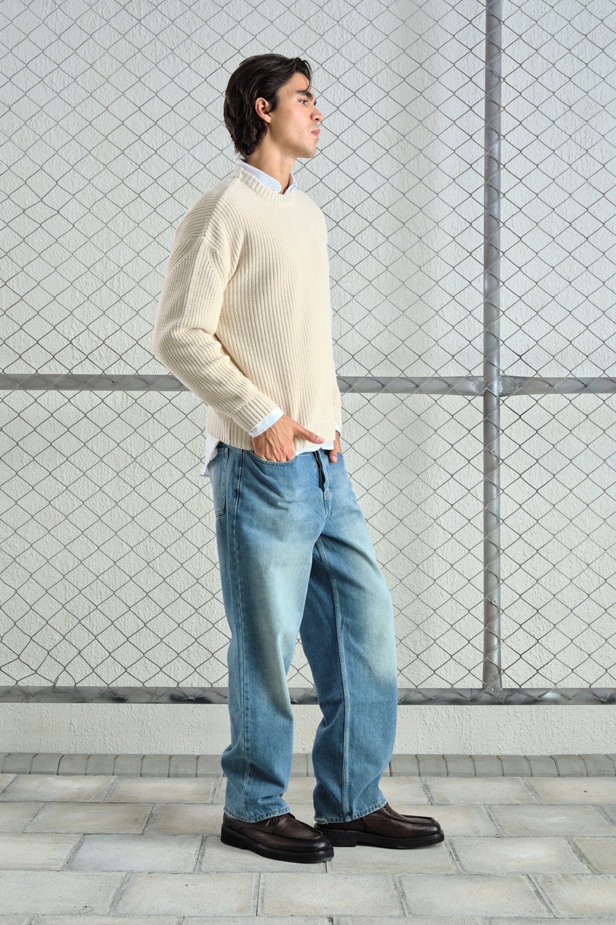 LOOSE FIT TEXTURED RIBBED ECRU KNITTED SWEATER