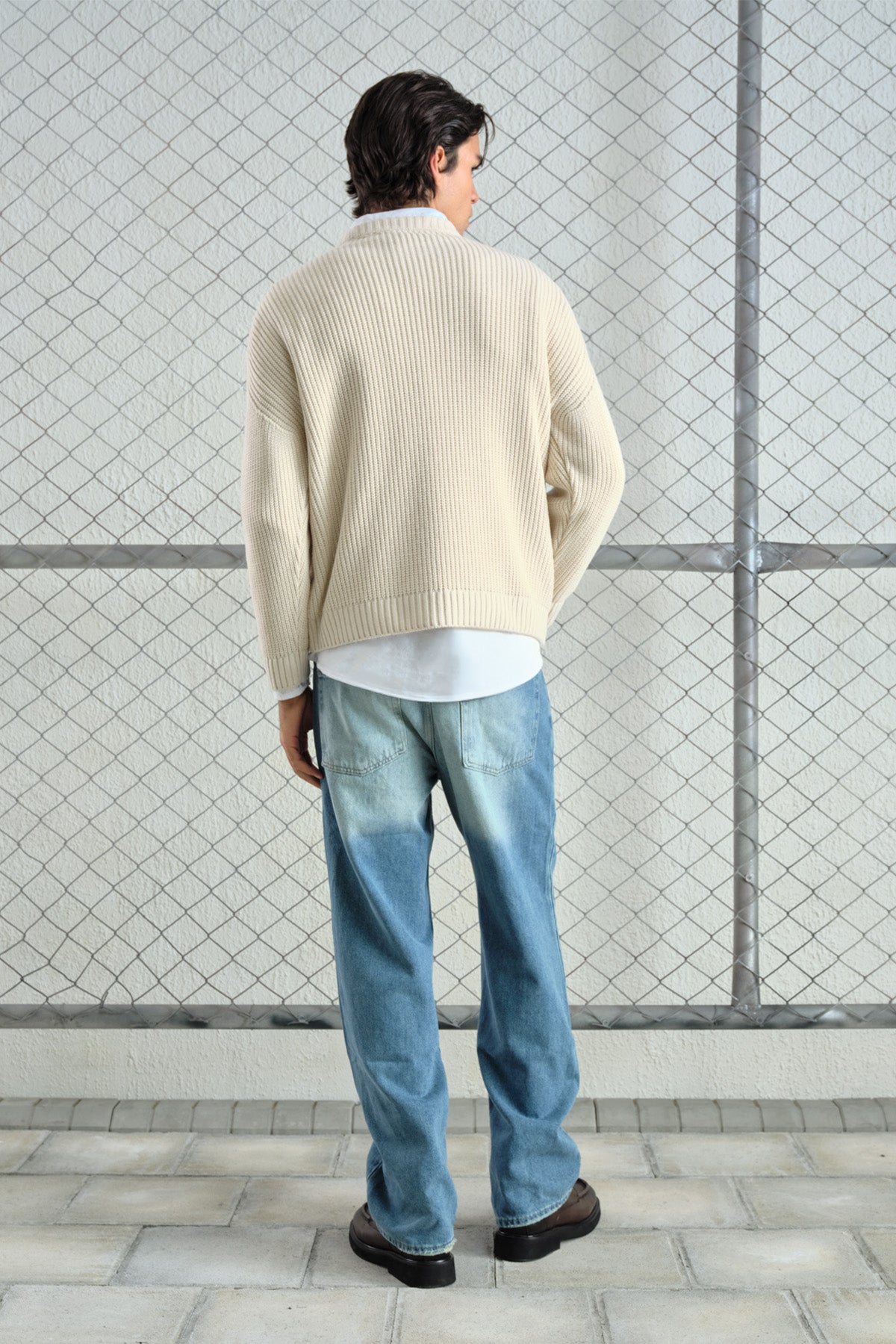 LOOSE FIT TEXTURED RIBBED ECRU KNITTED SWEATER