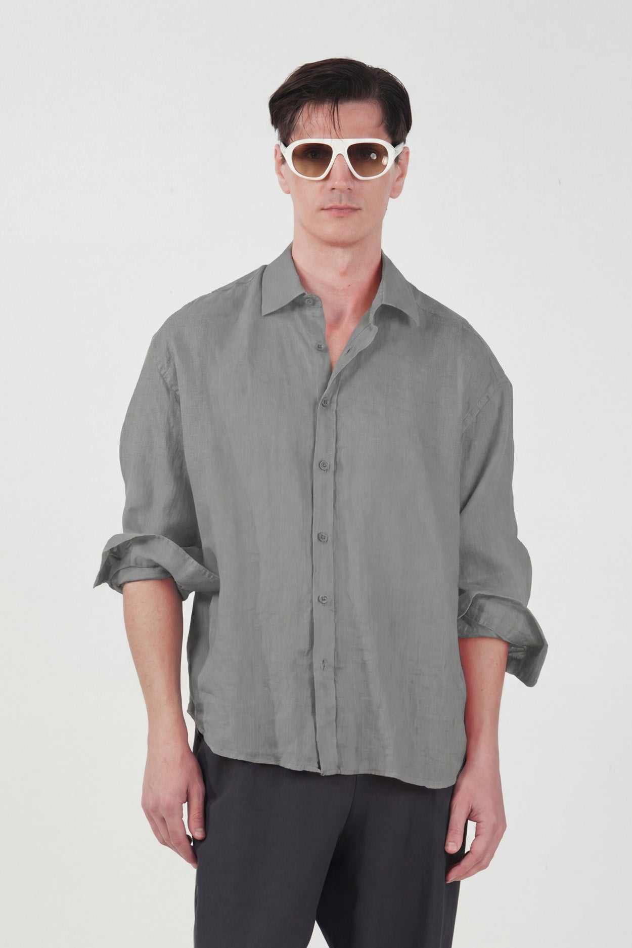 %100 KETEN OVERSIZE GRİ GÖMLEK