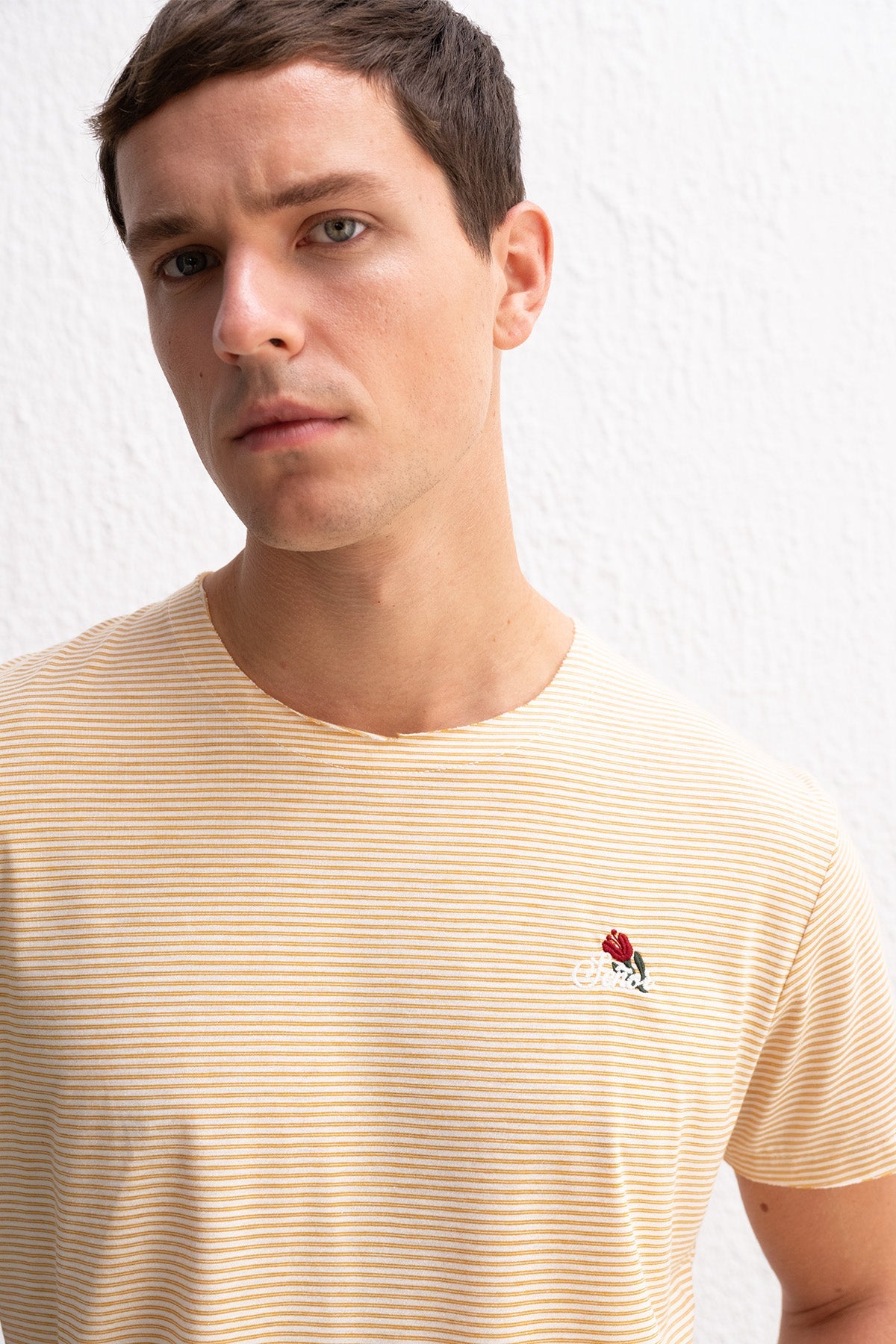 NAKIŞ DETAYLI ÇİZGİLİ SARI T-SHIRT GIESTO