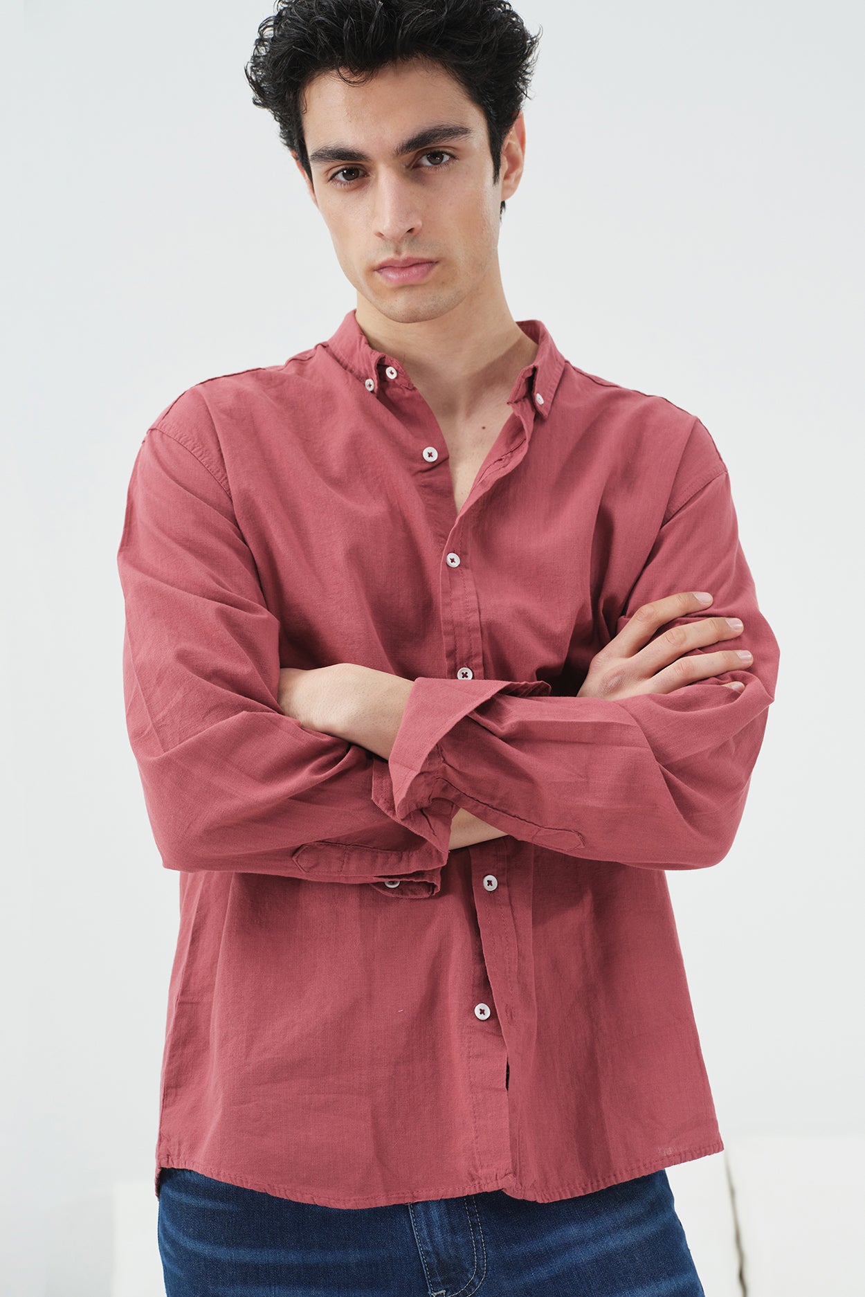 OVERSIZE DÖKÜMLÜ BORDO FRESH KETEN GÖMLEK