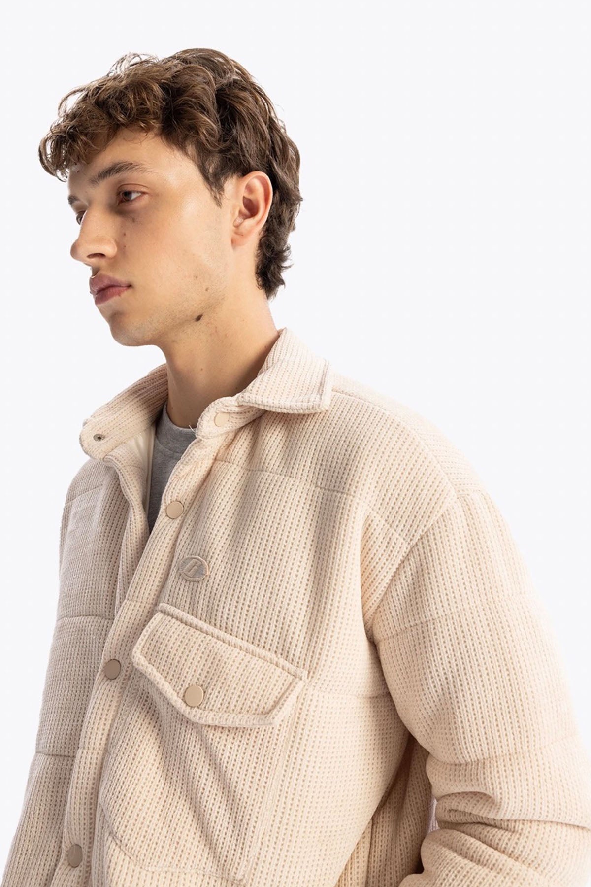 KNITTED-LOOK PUFFER SHIRT - BEIGE