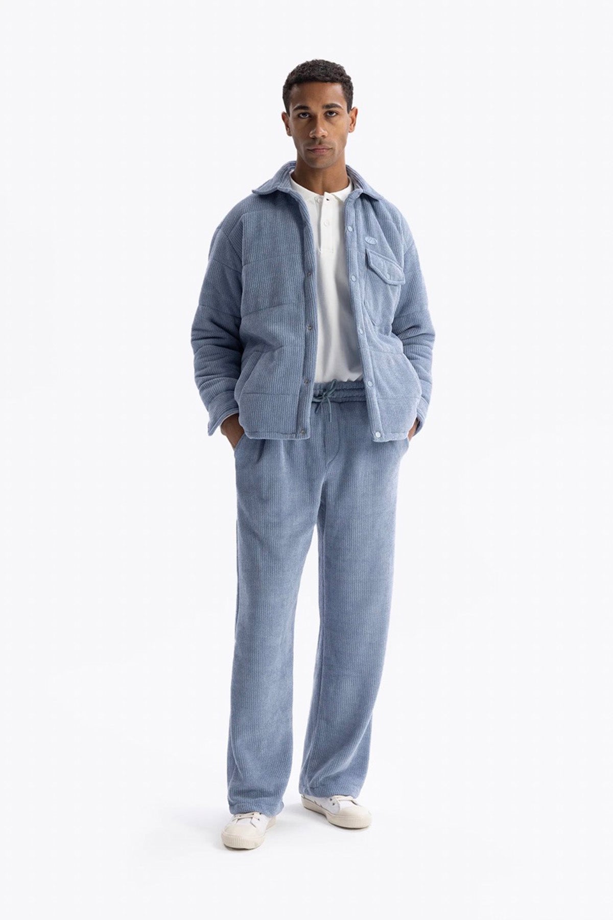 PUFFER SHIRT WITH KNIT LOOK - BLUE