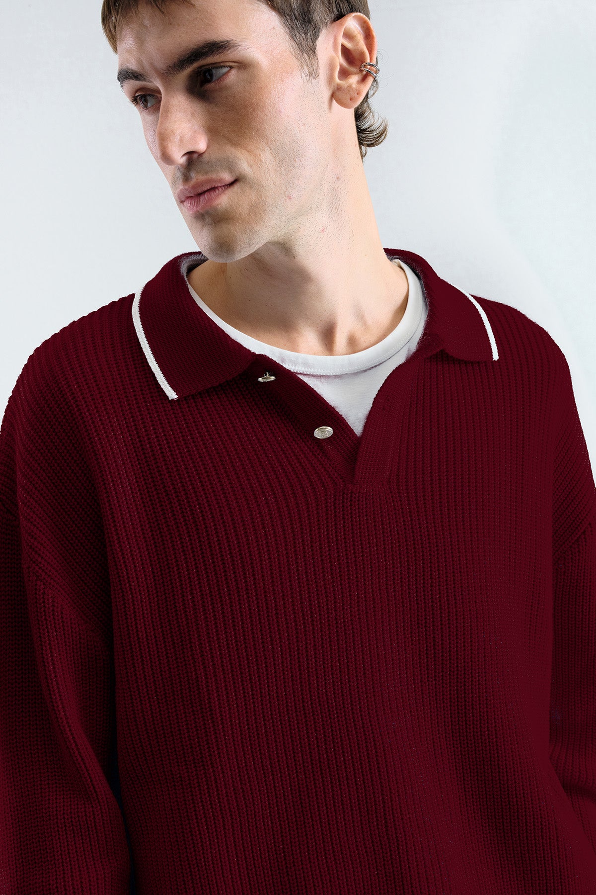 BURGUNDY POLO NECK SWEATER WITH GOLD BUTTONS AND CONTRAST STRIPES
