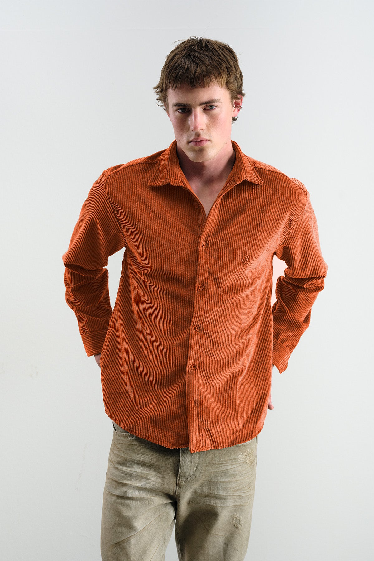 OVERSIZE DRAPED VELVET ORANGE SHIRT