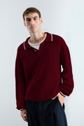 BURGUNDY POLO NECK SWEATER WITH GOLD BUTTONS AND CONTRAST STRIPES